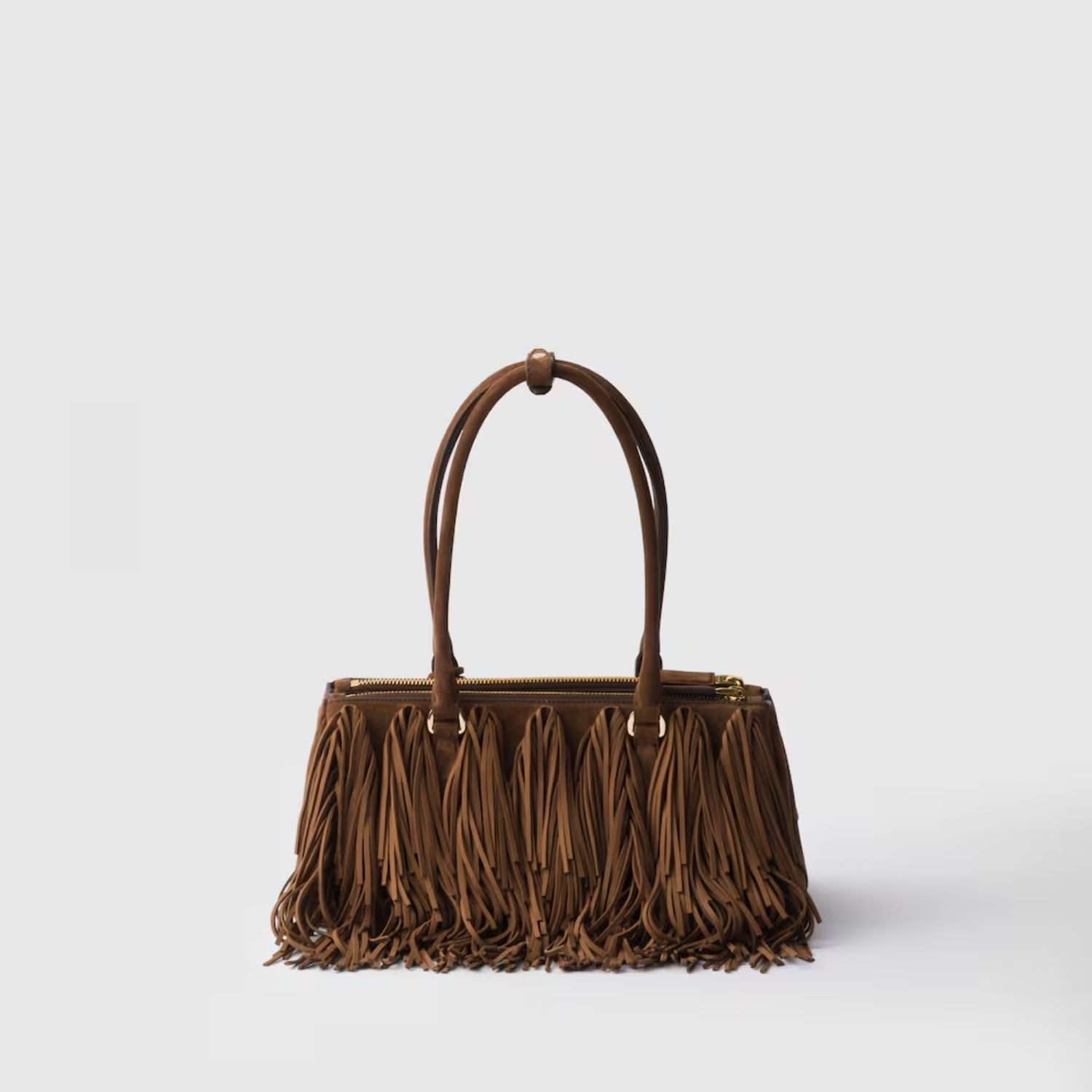 Prada Galleria Medium With Fringe Shoulder Bag 11.8in/ 30cm Cocoa Brown Suede Gold Hardware For Women 1BA457_2C4S_F0324_V_YOF