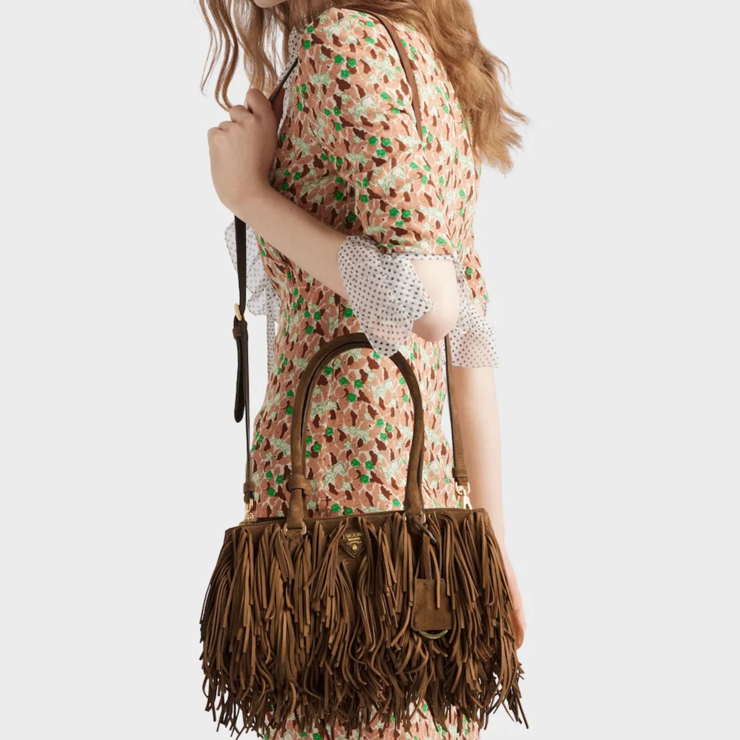 Prada Galleria Medium With Fringe Shoulder Bag 11.8in/ 30cm Cocoa Brown Suede Gold Hardware For Women 1BA457_2C4S_F0324_V_YOF