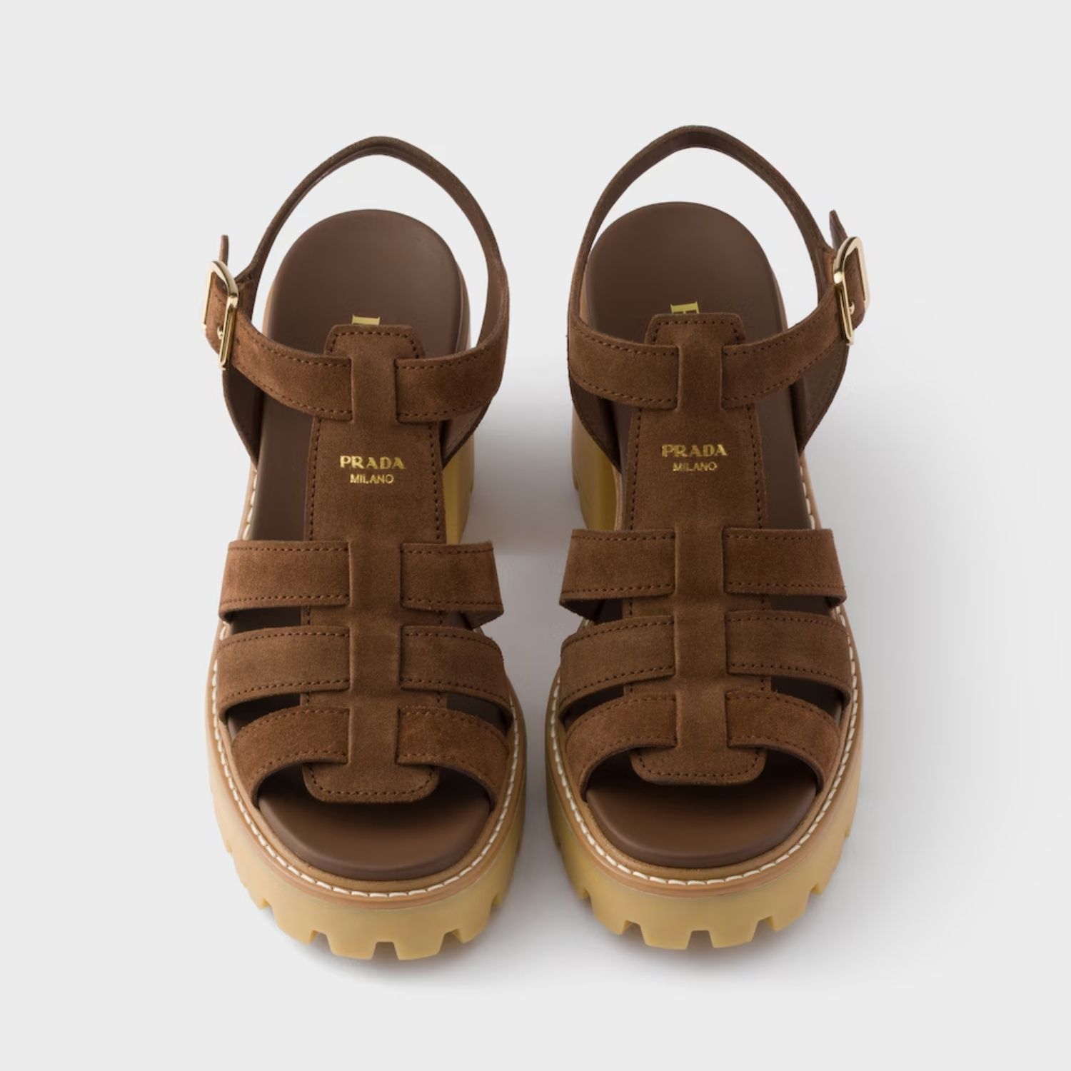 Prada High-Heeled Platform Sandals Cocoa Brown Suede Gold Hardware For Women 1X266O_054_F0324_F_090