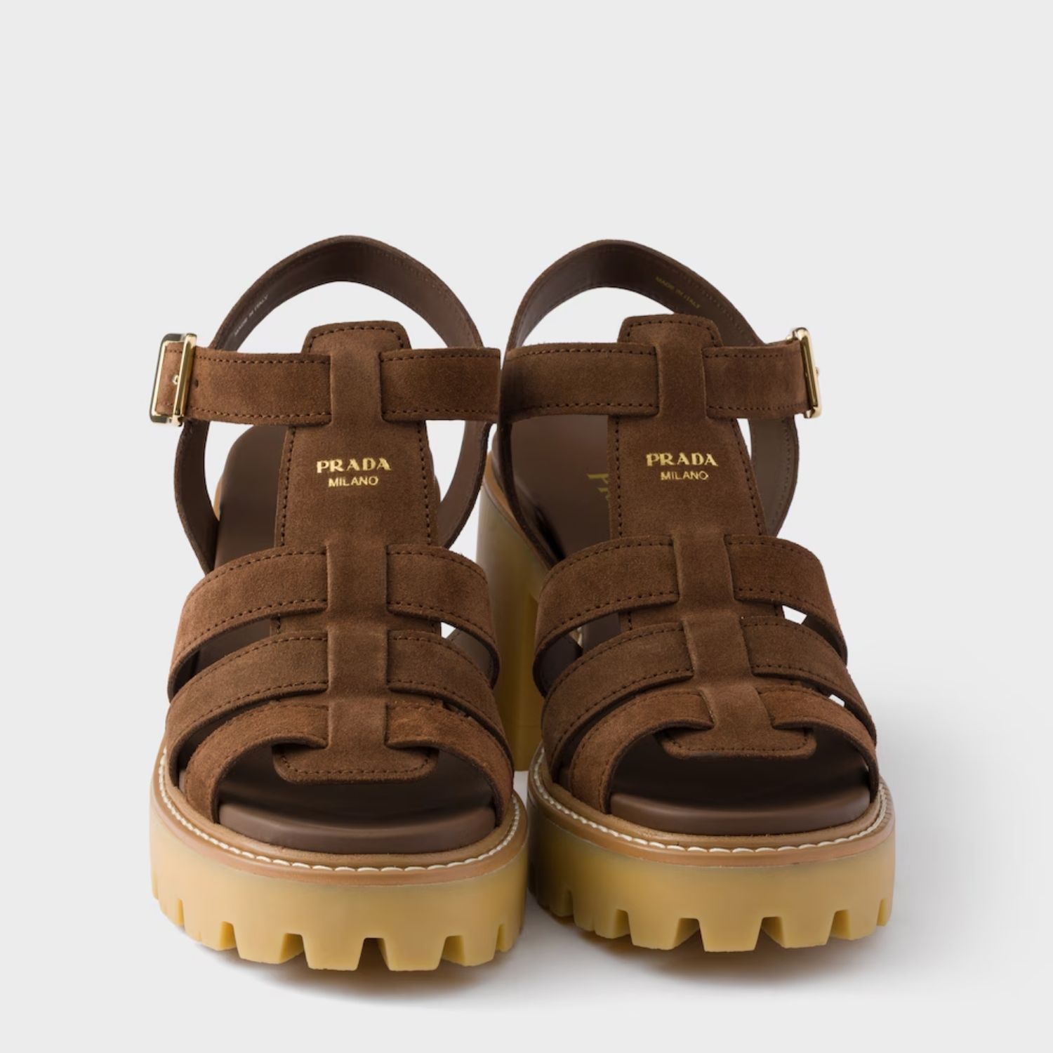 Prada High-Heeled Platform Sandals Cocoa Brown Suede Gold Hardware For Women 1X266O_054_F0324_F_090