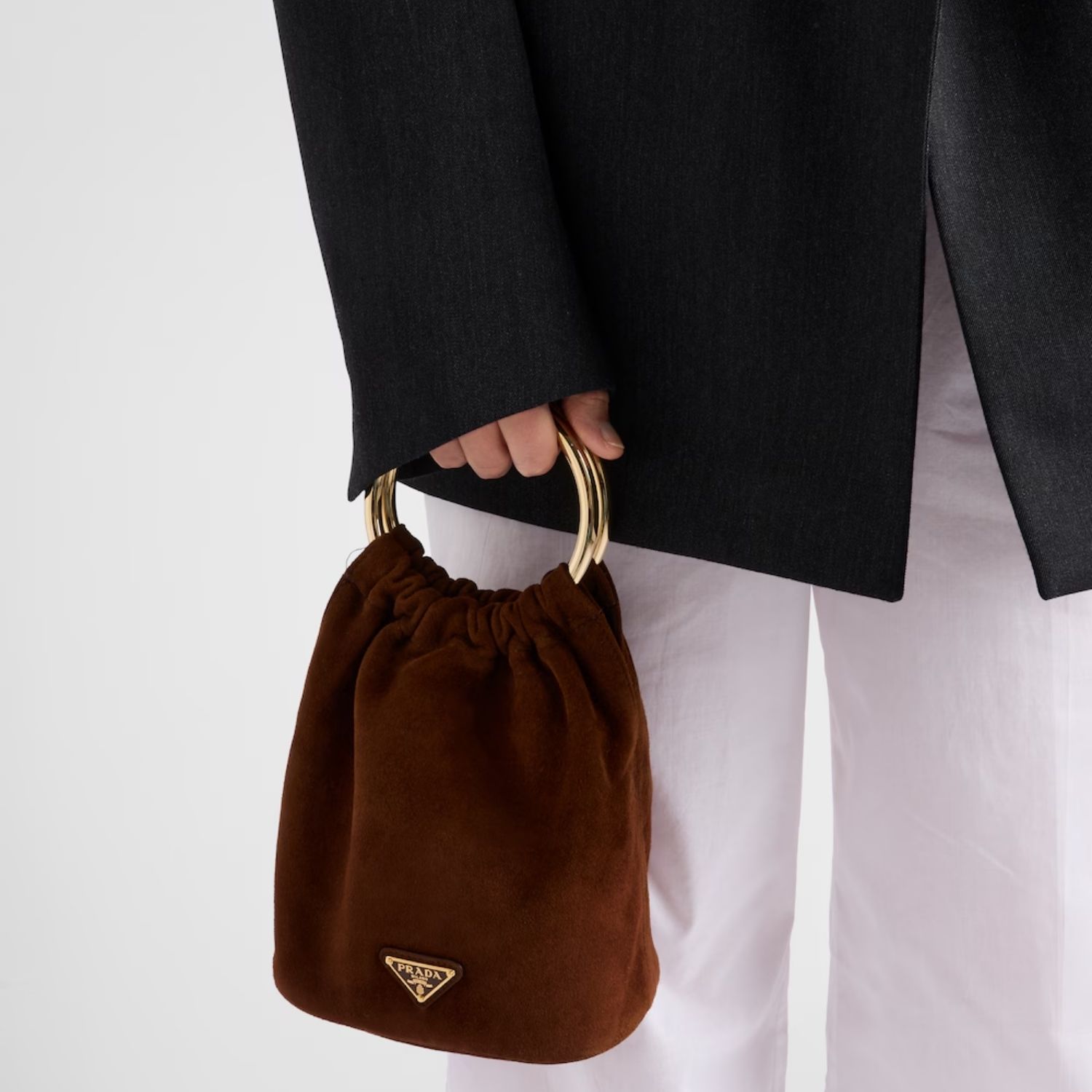 Prada Mini Top Handle Bag 7.5in/ 19cm Cocoa Brown Suede Gold Hardware For Women 1BC227_008_F0324_V_OOO
