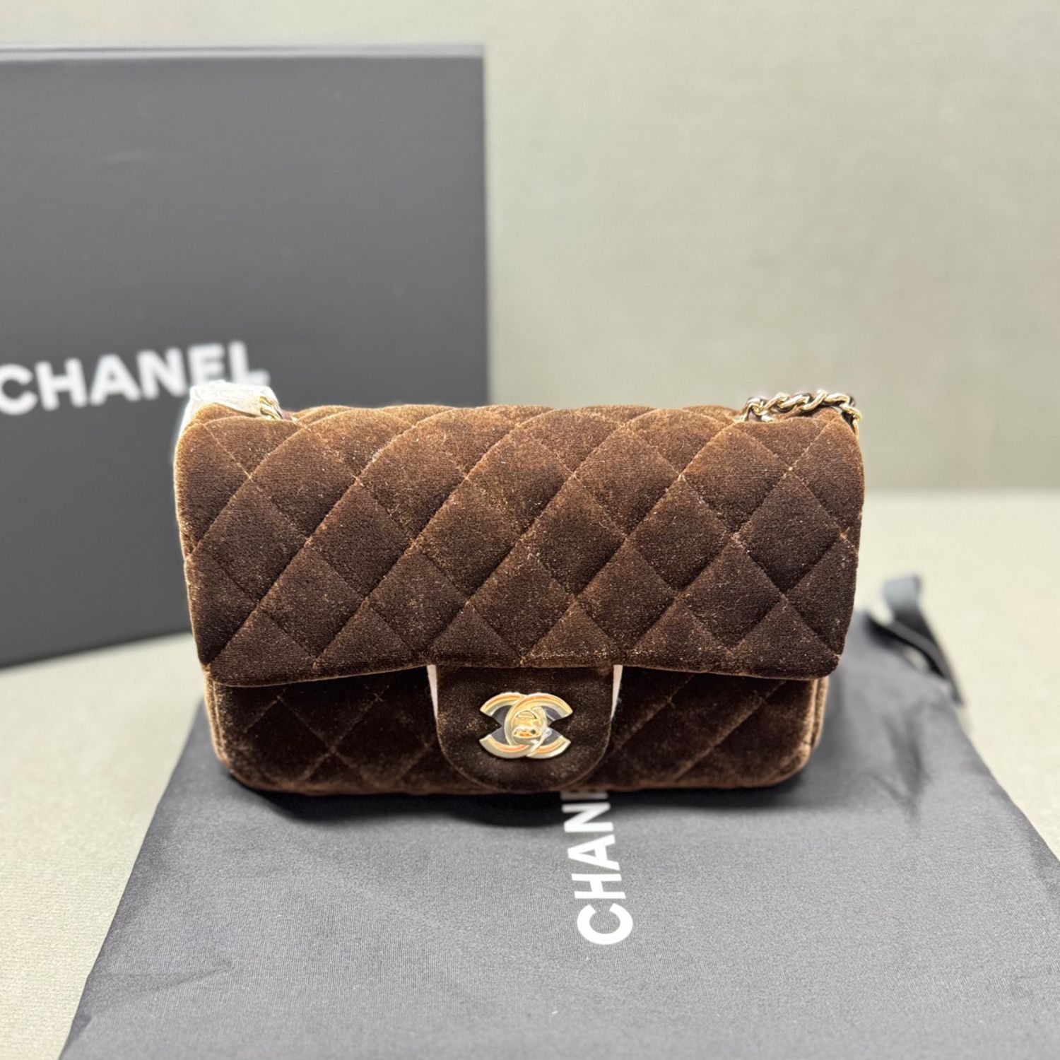 Chanel Classic Flap Bag Mini Crossbody 7.9in/ 20cm Dark Brown Gold Hardware For Women