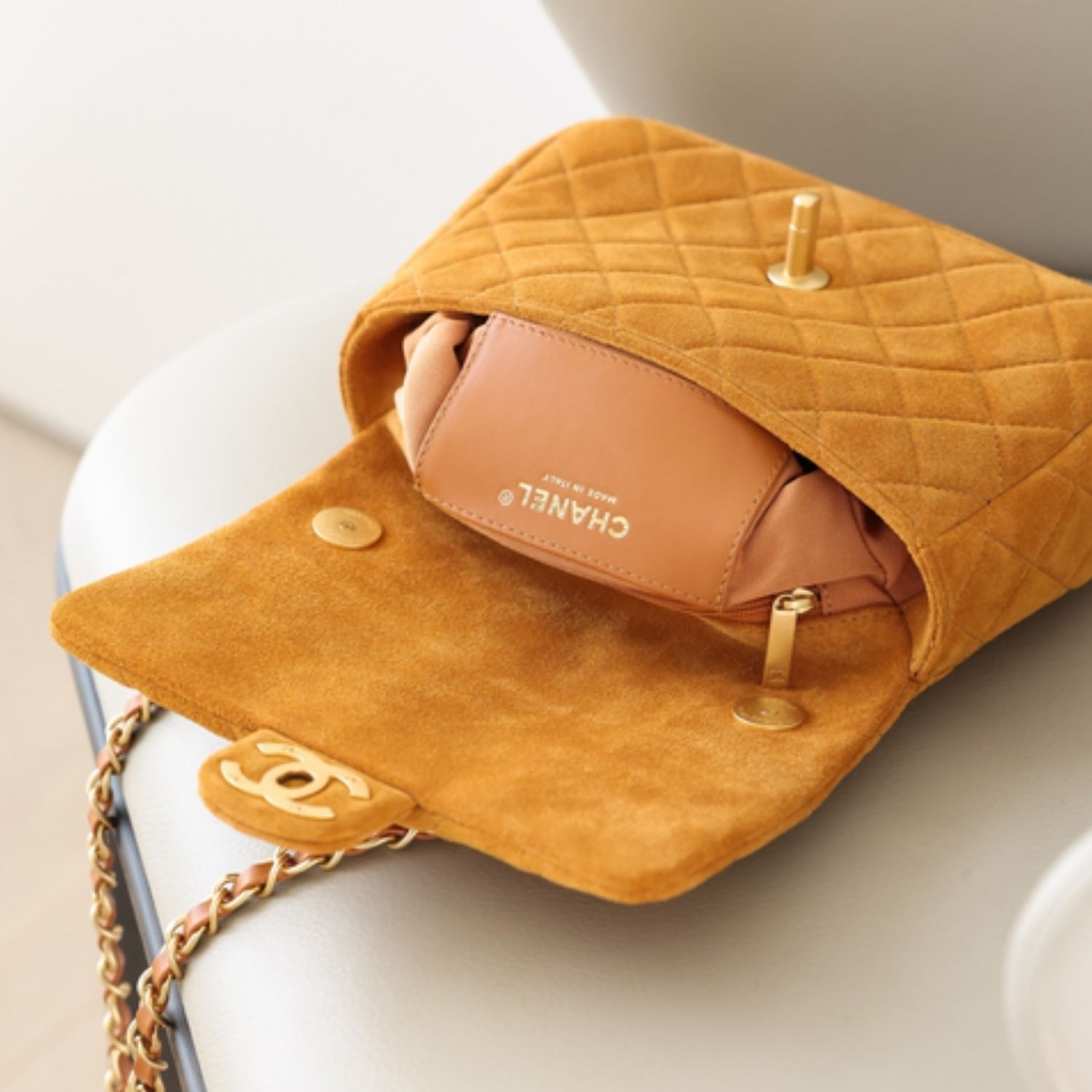 Chanel Classic Flap Bag Mini Crossbody 7.9in/ 20cm Dark Beige Suede Gold Hardware For Women AS5989 B22723 U5319