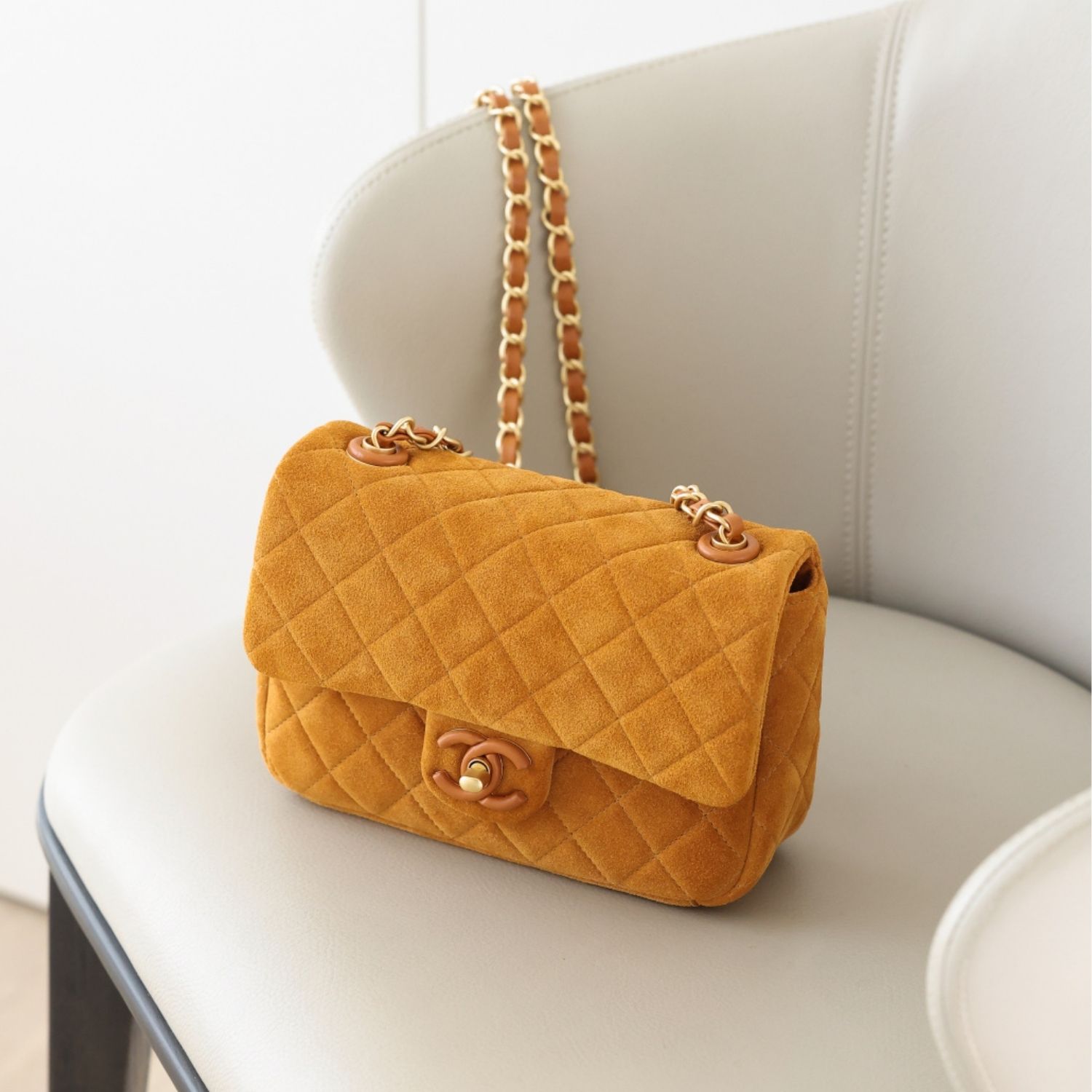 Chanel Classic Flap Bag Mini Crossbody 7.9in/ 20cm Dark Beige Suede Gold Hardware For Women AS5989 B22723 U5319