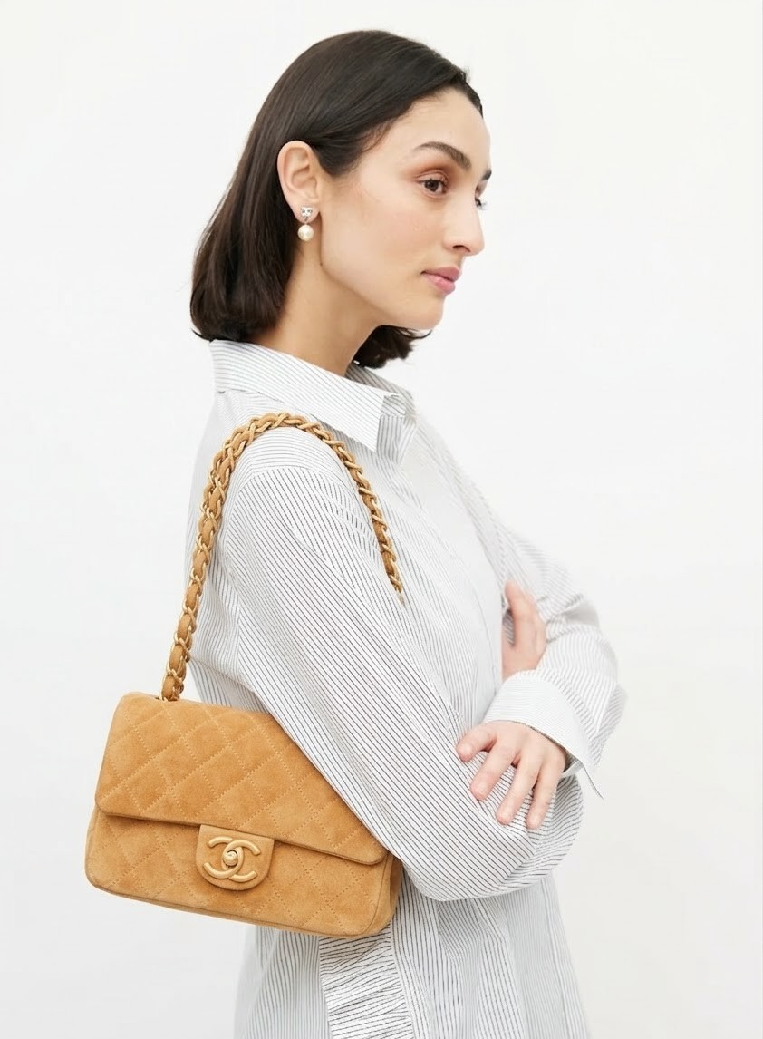 Chanel Classic Flap Bag Mini Crossbody 7.9in/ 20cm Dark Beige Suede Gold Hardware For Women AS5989 B22723 U5319